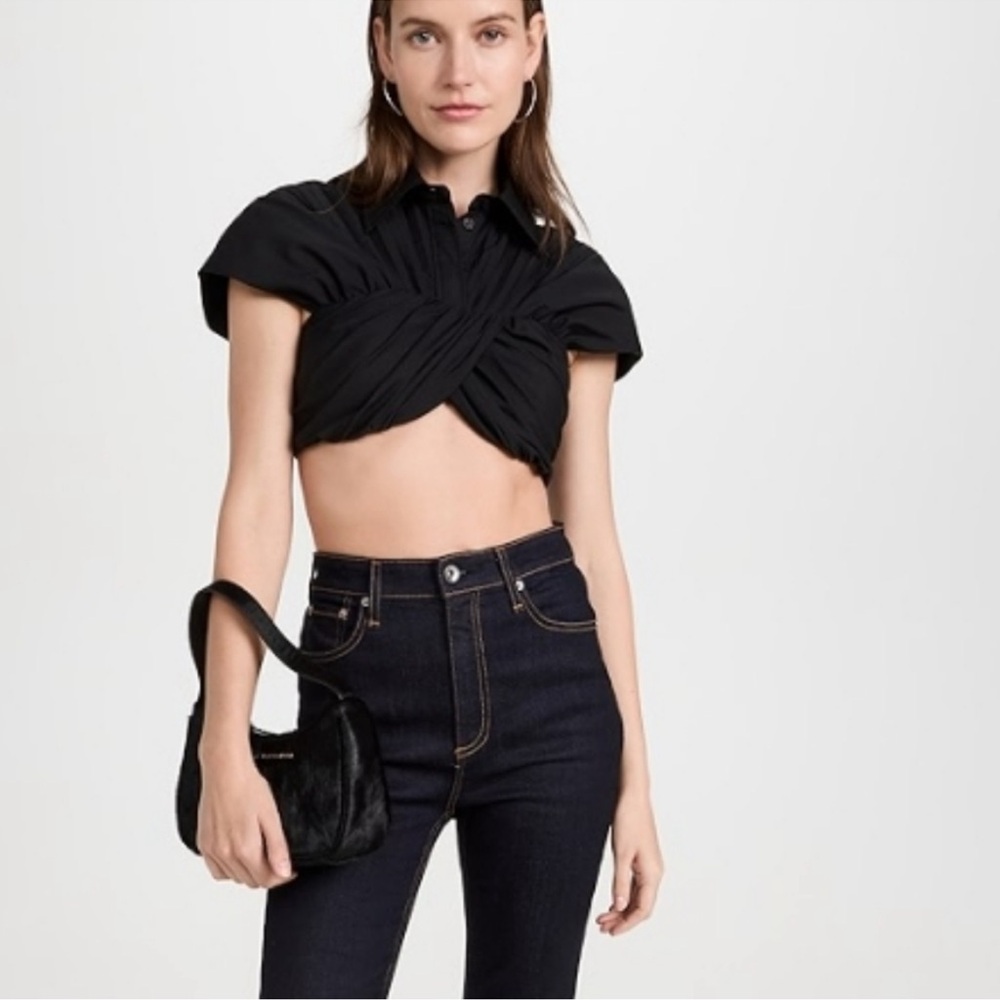 NEW Brandon Maxwell Cropped Pleated Cotton Poplin Top Blouse Modern Black Runway